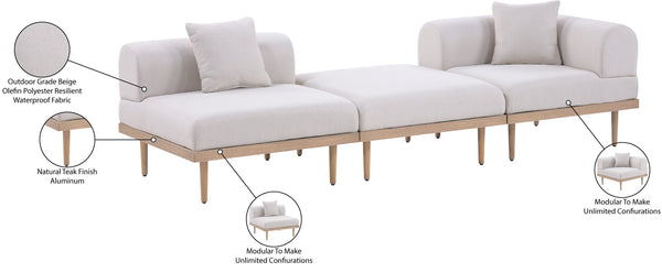 Meridian Furniture Laguna 3 Piece Modular Outdoor Sofa with Olefin Cushions and Teak Aluminum Frame 55036Beige-S3D