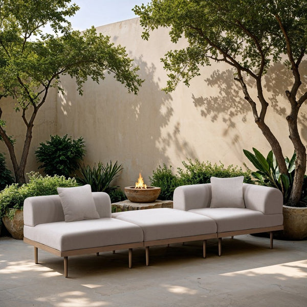 Meridian Furniture Laguna 3 Piece Modular Outdoor Sofa with Olefin Cushions and Teak Aluminum Frame 55036Beige-S3D