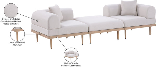 Meridian Furniture Laguna 3 Piece Modular Outdoor Sofa Uv Resistant Olefin Fabric Teak Aluminum Frame 55036Beige-S3E