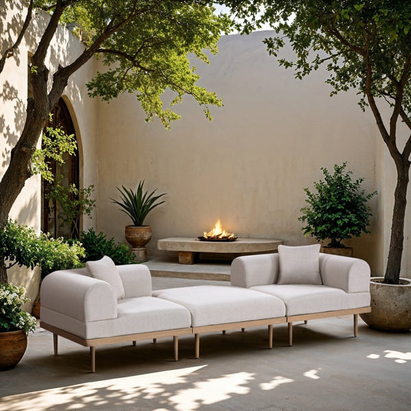 Meridian Furniture Laguna 3 Piece Modular Outdoor Sofa Uv Resistant Olefin Fabric Teak Aluminum Frame 55036Beige-S3E
