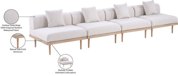 Meridian Furniture Laguna Four Piece Modular Outdoor Sectional with Olefin Fabric and Teak Aluminum Frame 55036Beige-S4A
