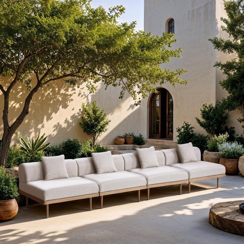 Meridian Furniture Laguna Four Piece Modular Outdoor Sectional with Olefin Fabric and Teak Aluminum Frame 55036Beige-S4A