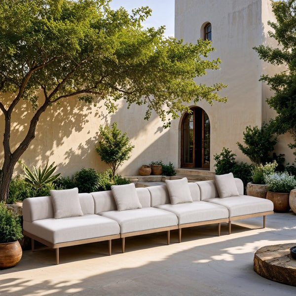 Meridian Furniture Laguna Four Piece Modular Outdoor Sectional with Olefin Fabric and Teak Aluminum Frame 55036Beige-S4A