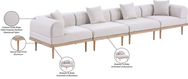 Meridian Furniture Laguna Four Piece Outdoor Modular Sectional Olefin Fabric Teak Aluminum Frame Patio 55036Beige-S4B