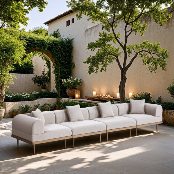 Meridian Furniture Laguna Four Piece Outdoor Modular Sectional Olefin Fabric Teak Aluminum Frame Patio 55036Beige-S4B