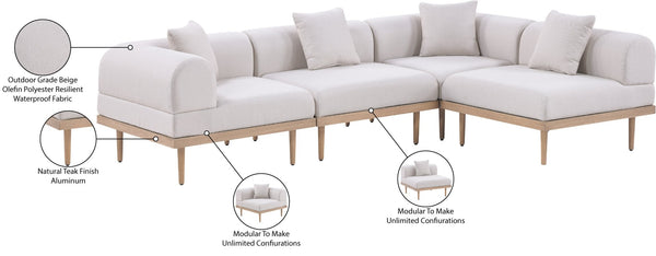 Meridian Furniture Laguna 4 Piece Modular Outdoor Sectional Olefin Fabric Teak Aluminum Patio Set 55036Beige-Sec4B