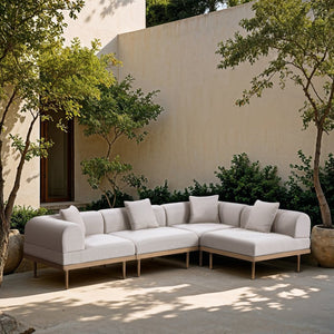 Meridian Furniture Laguna 4 Piece Modular Outdoor Sectional Olefin Fabric Teak Aluminum Patio Set 55036Beige-Sec4B