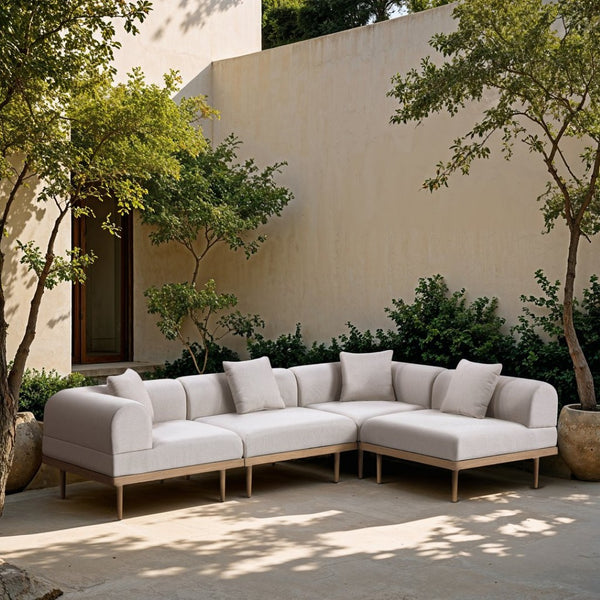 Meridian Furniture Laguna 4 Piece Modular Outdoor Sectional Olefin Fabric Teak Aluminum Patio Set 55036Beige-Sec4B