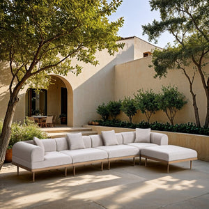 Meridian Furniture Laguna Five Piece Modular Outdoor Sectional Teak Aluminum Frame Olefin Fabric Patio 55036Beige-Sec5A