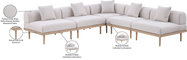 Meridian Furniture Laguna Five Piece Outdoor Modular Sectional Teak Aluminum Frame Olefin Fabric Patio 55036Beige-Sec5B
