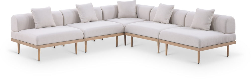 Meridian Furniture Laguna Five Piece Outdoor Modular Sectional Teak Aluminum Frame Olefin Fabric Patio 55036Beige-Sec5B