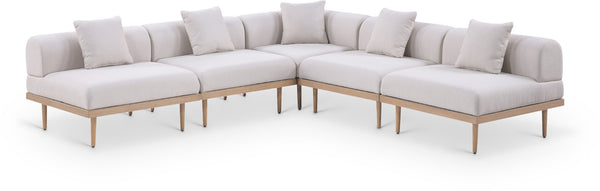Meridian Furniture Laguna Five Piece Outdoor Modular Sectional Teak Aluminum Frame Olefin Fabric Patio 55036Beige-Sec5B