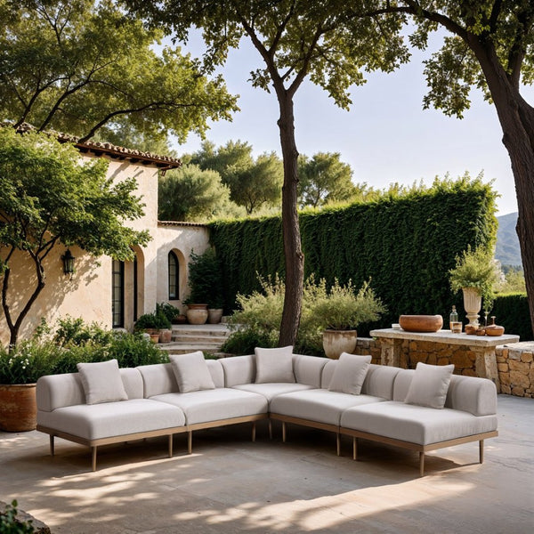 Meridian Furniture Laguna Five Piece Outdoor Modular Sectional Teak Aluminum Frame Olefin Fabric Patio 55036Beige-Sec5B