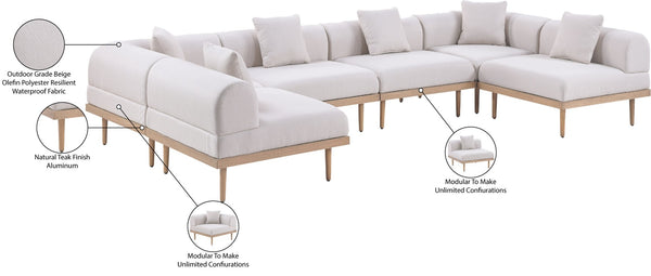 Meridian Furniture Laguna Six Piece Modular Outdoor Sectional Olefin Fabric Teak Aluminum Patio Set 55036Beige-Sec6D