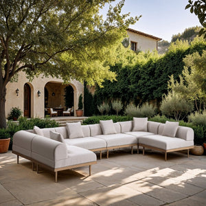 Meridian Furniture Laguna Six Piece Modular Outdoor Sectional Olefin Fabric Teak Aluminum Patio Set 55036Beige-Sec6D
