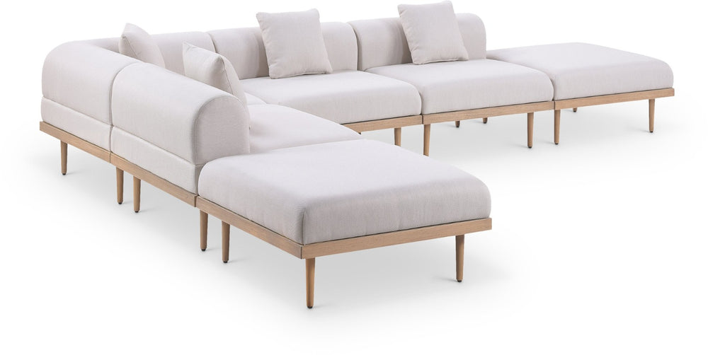Meridian Furniture Laguna Six Piece Outdoor Modular Sectional Olefin Fabric Teak Aluminum Patio Set 55036Beige-Sec6E