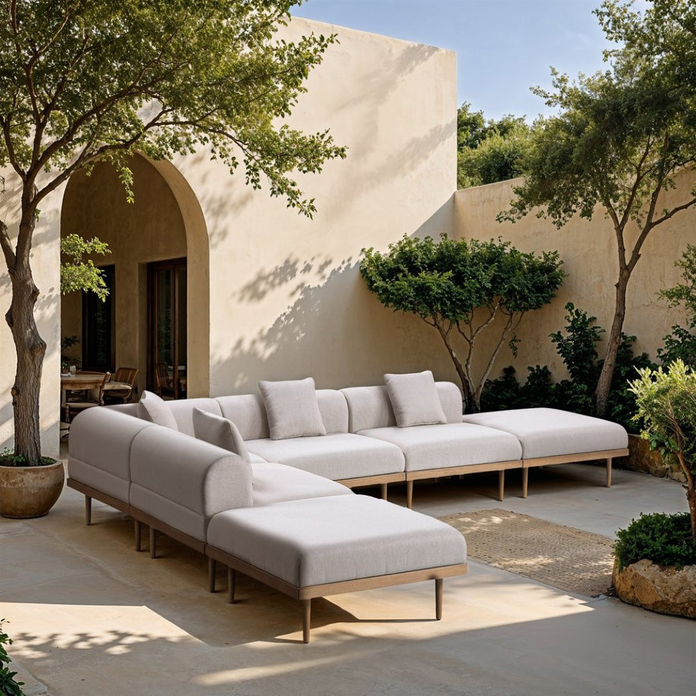 Meridian Furniture Laguna Six Piece Outdoor Modular Sectional Olefin Fabric Teak Aluminum Patio Set 55036Beige-Sec6E