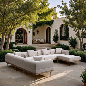 Meridian Furniture Laguna 7 Piece Modular Outdoor Sectional with Uv Resistant Olefin and Teak Frame 55036Beige-Sec7A