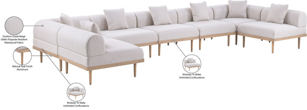 Meridian Furniture Laguna 7 Piece Modular Outdoor Sectional Olefin Fabric Teak Aluminum Patio Set 55036Beige-Sec7B