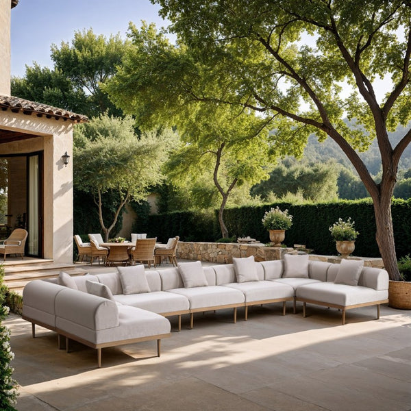 Meridian Furniture Laguna 7 Piece Modular Outdoor Sectional Olefin Fabric Teak Aluminum Patio Set 55036Beige-Sec7B