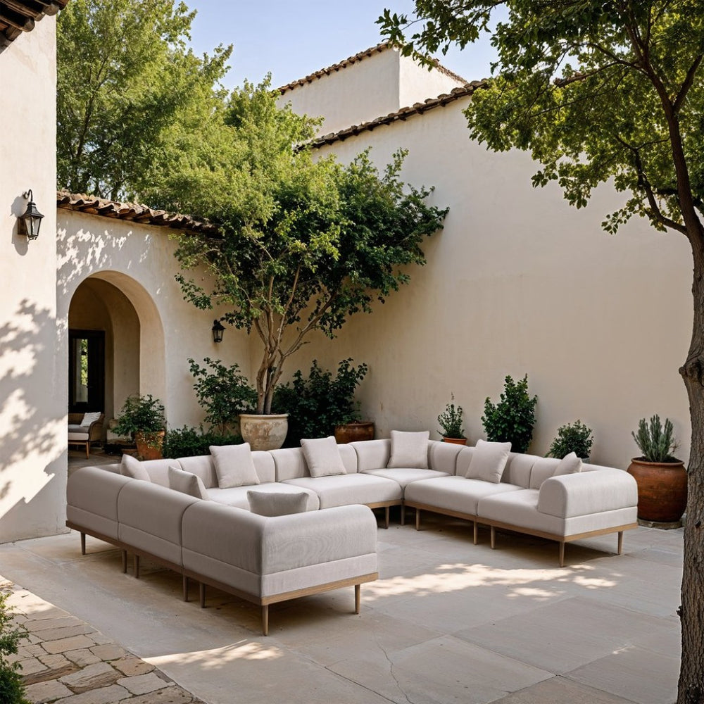 Meridian Furniture Laguna 8 Piece Modular Outdoor Sectional Olefin Fabric Teak Frame Patio Seating 55036Beige-Sec8A