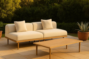 Meridian Furniture Laguna Modular Outdoor Loveseat Teak Frame with Weather Resistant Cushions for Patio Seating Cream A 55036Cream-S2A