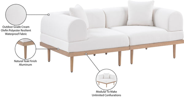 Meridian Furniture Laguna Modular Outdoor Loveseat Teak Frame with Weather Resistant Cushions for Patio Seating Cream B 55036Cream-S2B