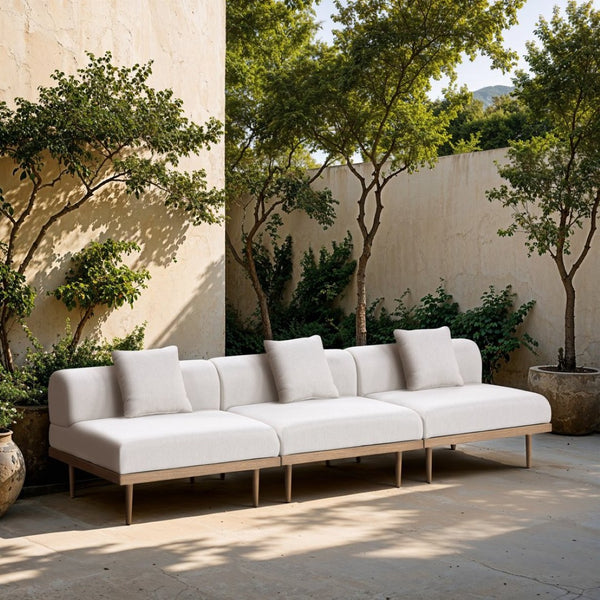 Meridian Furniture Laguna 3 Piece Modular Outdoor Sofa Olefin Upholstered Teak Frame Patio Set 55036Cream-S3A