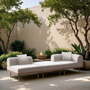 Meridian Furniture Laguna 3 Piece Modular Outdoor Sofa Olefin Fabric Teak Frame Patio Sectional 55036Cream-S3D