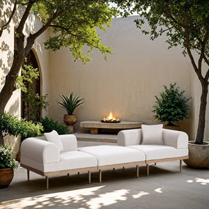 Meridian Furniture Laguna Modular Outdoor Patio Sofa Olefin Fabric Teak Frame Uv Resistant Seating 55036Cream-S3E