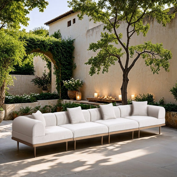 Meridian Furniture Laguna Modular Outdoor Sectional Sofa Teak Frame Olefin Fabric Resort Patio Seating 55036Cream-S4B