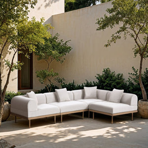 Meridian Furniture Laguna 4 Piece Modular Outdoor Sectional Olefin Fabric Teak Frame Resort Patio Set 55036Cream-Sec4B