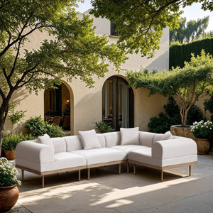 Meridian Furniture Laguna 4 Piece Modular Outdoor Sectional Olefin Fabric Teak Frame Patio Seating 55036Cream-Sec4C