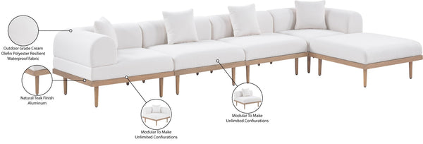 Meridian Furniture Laguna Five Piece Modular Outdoor Sectional Olefin Fabric Teak Aluminum Frame Patio 55036Cream-Sec5A
