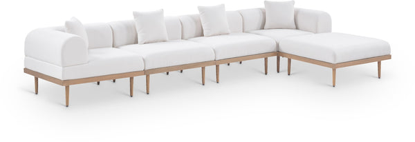 Meridian Furniture Laguna Five Piece Modular Outdoor Sectional Olefin Fabric Teak Aluminum Frame Patio 55036Cream-Sec5A