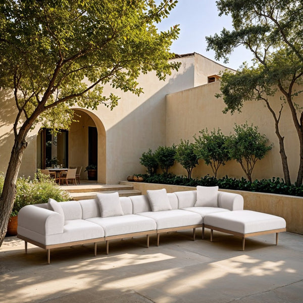 Meridian Furniture Laguna Five Piece Modular Outdoor Sectional Olefin Fabric Teak Aluminum Frame Patio 55036Cream-Sec5A