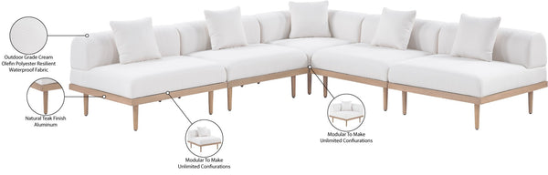 Meridian Furniture Laguna 5 Piece Modular Outdoor Sectional Olefin Fabric Teak Frame Resort Style 55036Cream-Sec5B