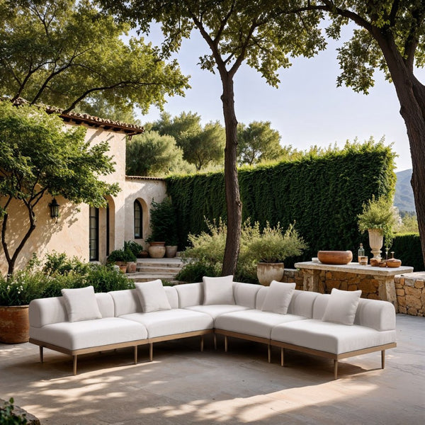 Meridian Furniture Laguna 5 Piece Modular Outdoor Sectional Olefin Fabric Teak Frame Resort Style 55036Cream-Sec5B