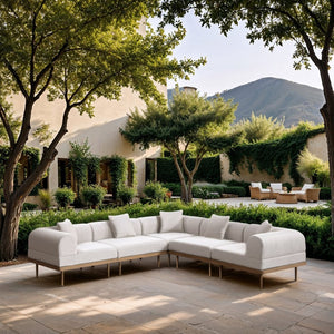 Meridian Furniture Laguna Outdoor Modular Sectional Olefin Fabric Teak Aluminum Frame Resort Style 55036Cream-Sec5C