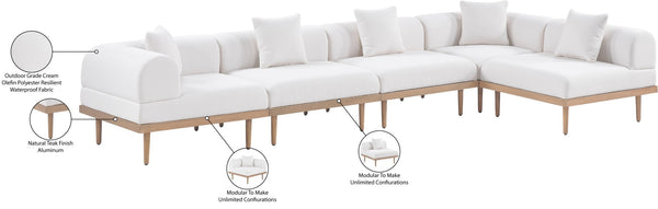 Meridian Furniture Laguna Five Piece Outdoor Modular Sectional Olefin Fabric Teak Aluminum Frame Patio 55036Cream-Sec5D