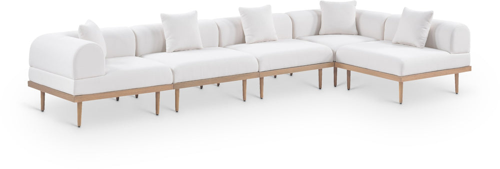 Meridian Furniture Laguna Five Piece Outdoor Modular Sectional Olefin Fabric Teak Aluminum Frame Patio 55036Cream-Sec5D