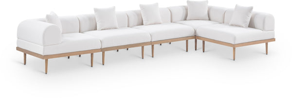 Meridian Furniture Laguna Five Piece Outdoor Modular Sectional Olefin Fabric Teak Aluminum Frame Patio 55036Cream-Sec5D