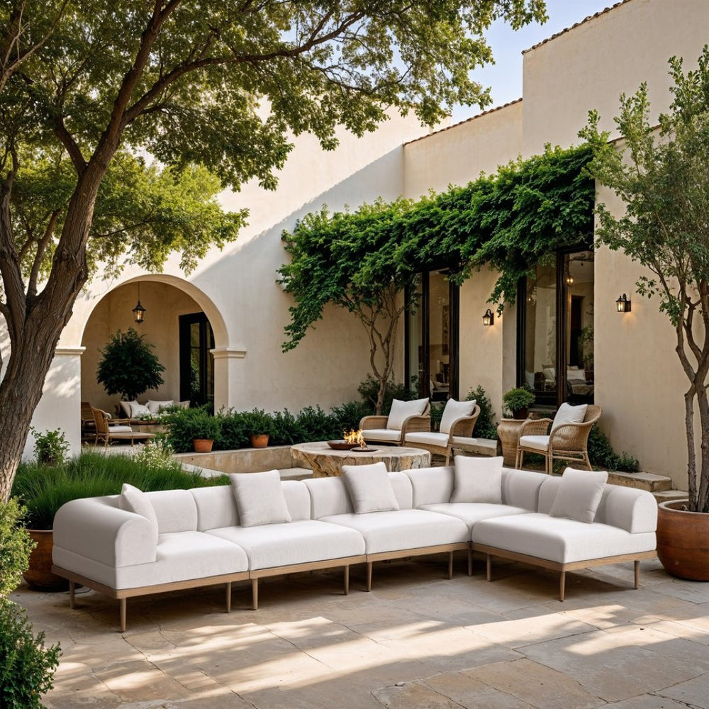 Meridian Furniture Laguna Five Piece Outdoor Modular Sectional Olefin Fabric Teak Aluminum Frame Patio 55036Cream-Sec5D