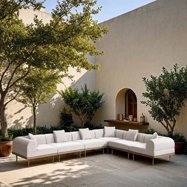 Meridian Furniture Laguna Six Piece Modular Outdoor Sectional with Olefin Fabric and Teak Frame 55036Cream-Sec6A