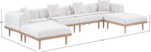Meridian Furniture Laguna Six Piece Outdoor Modular Sectional with Olefin Fabric and Teak Aluminum Frame 55036Cream-Sec6B