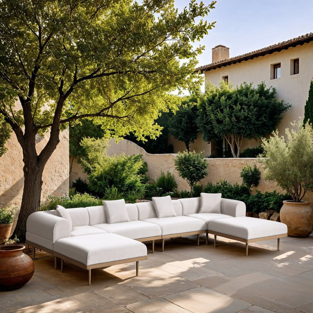 Meridian Furniture Laguna Six Piece Outdoor Modular Sectional with Olefin Fabric and Teak Aluminum Frame 55036Cream-Sec6B