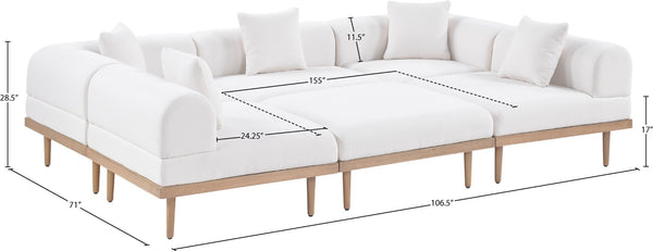 Meridian Furniture Laguna Six Piece Modular Outdoor Sectional Olefin Fabric Teak Frame Patio Lounge 55036Cream-Sec6C