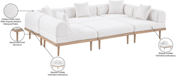 Meridian Furniture Laguna Six Piece Modular Outdoor Sectional Olefin Fabric Teak Frame Patio Lounge 55036Cream-Sec6C