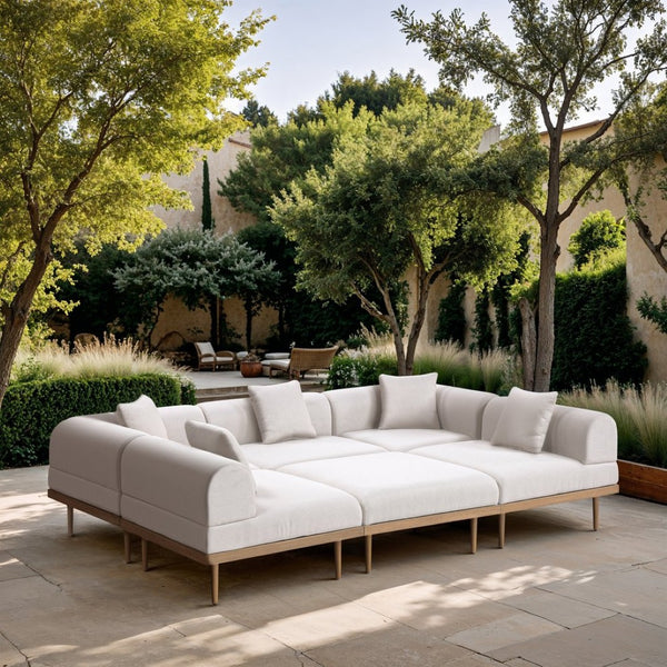 Meridian Furniture Laguna Six Piece Modular Outdoor Sectional Olefin Fabric Teak Frame Patio Lounge 55036Cream-Sec6C
