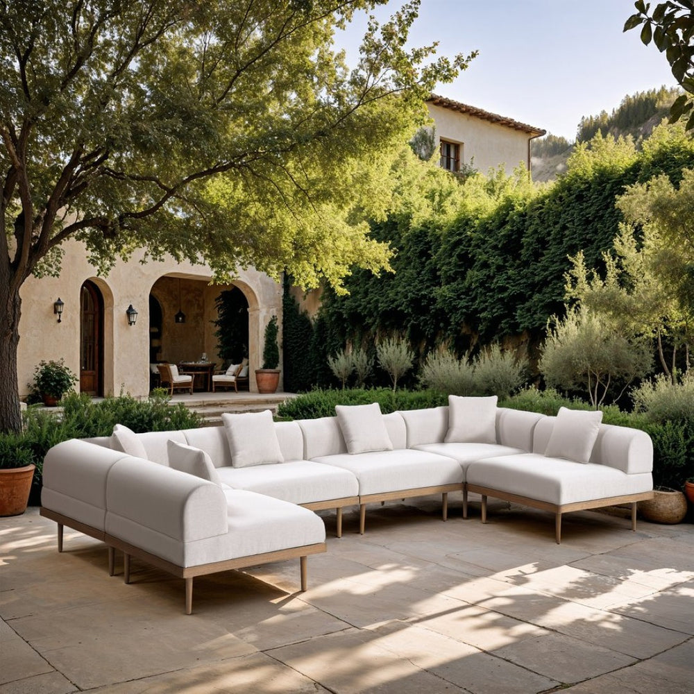Meridian Furniture Laguna Six Piece Modular Outdoor Sectional with Olefin Cushions and Teak Aluminum Frame 55036Cream-Sec6D